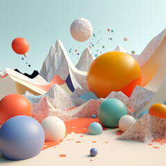 A landscape of abstract minimalist colorful shapes, like a planet with a mountainous surface with several other planet balls. Pearl planet with a vibrant color. 3D rendering design illustration.