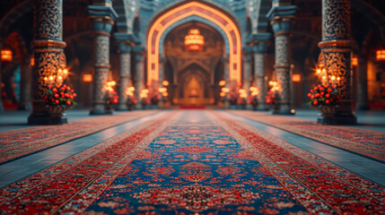 Entrance to an Ottoman empire palace with traditional carpets and lights. - obrazy, fototapety, plakaty