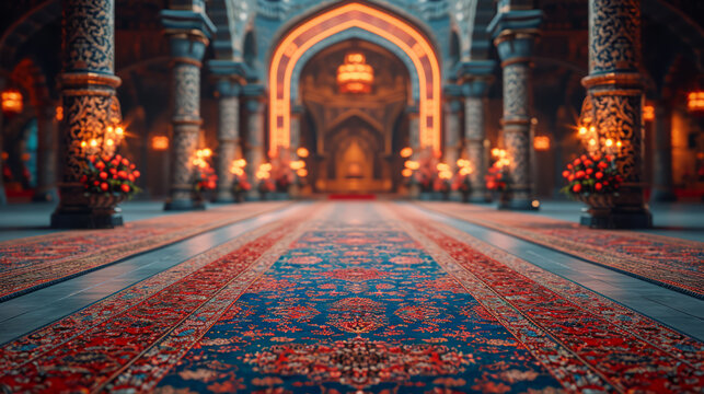 Entrance to an Ottoman empire palace with traditional carpets and lights.