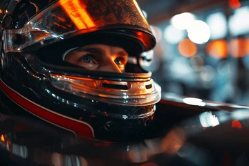 Zelfklevend Fotobehang Formula 1 Pilot, close up dramatic portrait. Speed Symphony. © Noize