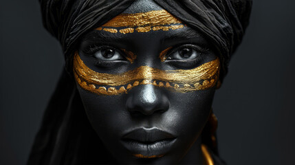 Beauty fantasy african woman face in gold paint. Golden shiny skin.