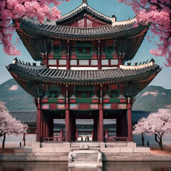 Obraz premium Abstract painting of Korean pavilion and cherry blossom at Gyeongbokgung Palace in Seoul, South Korea