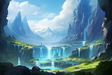 Poster Paysage fantastique Illustration of a fantasy landscape with a path leading to a turquoise waterfall and distant mountains, serving as a concept art for game design. Generative AI