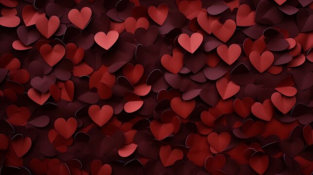 Red Hearts Forming Patterned Background, Overlapping, With Dark, Subtle Light.