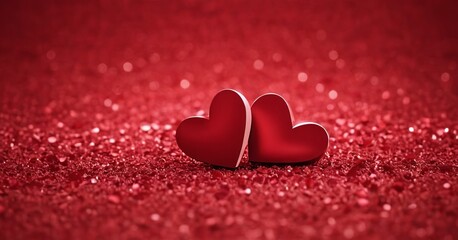 Two hearts on a background of red glitter. Minimalist style. For design, print, cards - Valentine's Day, Mother's Day or wedding and Birthday. with copy space
