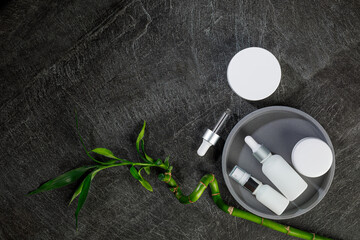 cosmitology, care products on a dark background with leaves