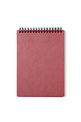 Open spiral bound notepad with craft red sheets, isolated on white, transparent background, PNG. Top view, copy space for text, template, mockup