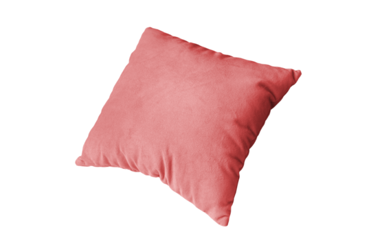 Decorative red rectangular pillow for sleeping and resting isolated on white, transparent background, PNG. Cushion for home interior decor, pillowcase mockup, template for design.