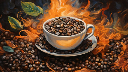 Artistic illustration captures coffee cup overflowing with roasted beans. Flames swirl around cup creating dynamic atmosphere. Green leaves interspersed among beans add color contrast.