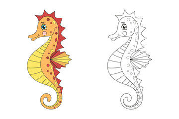 Obraz premium Seahorse line and color illustration. Cartoon vector illustration for coloring book.