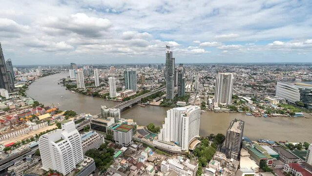 Bangkok city skyline timelapse at city center and Chao Phraya River, Thailand 4K time lapse