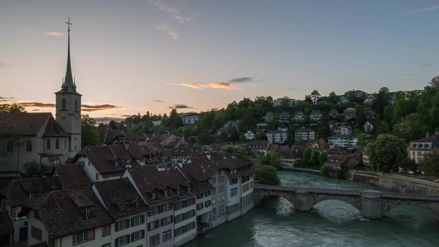Bern (Berne) Switzerland time lapse 4K, city skyline day to night sunset timelapse at Bern old town and Aare River