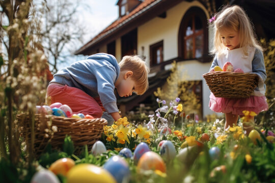 The kids looking for eggs in a basket in a garden for Easter