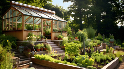 Fototapeta na wymiar Sustainability at Its Finest: An Aesthetically Pleasing Eco-Garden with a Greenhouse and Compost Bin