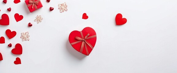 Top view red heart and decorative particles on a white background, valentine's day