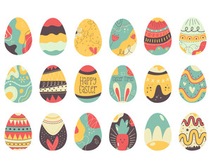 Easter egg collection designs. Easter holiday eggs hunt in colorful flat style. Art deco decor. Stock vector illustrations clipart