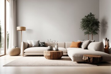 Interior home design of modern living room with white sofa and rustic wooden table with white wall furniture