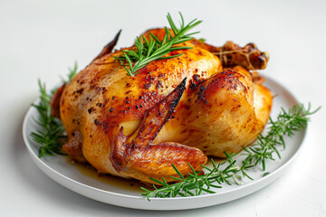 Roast turkey with herbs on white plate on white background