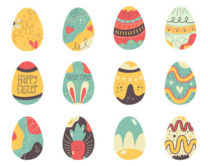 Easter egg collection designs. Easter holiday eggs hunt in colorful flat style with carrot. Art deco decor. Stock vector illustrations clipart