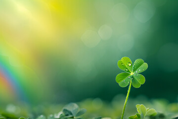 A four-leaf clover closeup, hints of a rainbow background, St. Patrick's Day