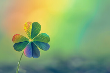 A rainbow hued four leaf clover in front of a rainbow background, St. Patrick's Day