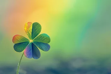 Foto op Canvas A rainbow hued four leaf clover in front of a rainbow background, St. Patrick's Day © Castle Studio