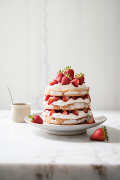 Delicious Layered Fresh Strawberry Shortcake with Fresh Berries, Vanilla Whipped Cream On Marble Counter. White Background. Minimalist Photo. Minimal Modern Interior. 