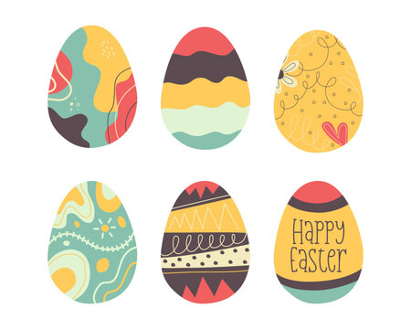 Easter egg collection designs. Easter holiday eggs hunt in colorful flat style with text Happy Easter. Art deco decor. Stock vector illustrations clipart