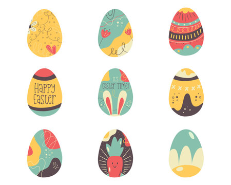 Easter egg collection designs. Easter holiday eggs hunt in colorful flat style with flowers and bunny ears. Art deco decor. Stock vector illustrations clipart