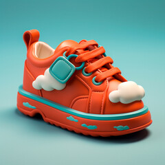 Beautiful children's sneakers, made just like the sky, with lots of clouds all around, combining blue and orange. A sweet sneaker. 3D rendering design illustration.