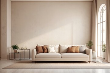 Interior home design of modern living room with beige sofa and houseplants with beige stucco wall