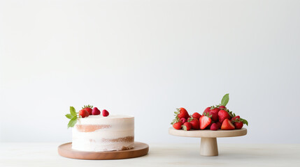 Delicious Layered Fresh Strawberry Cake, Torte Dessert with Fresh Berries, Vanilla Butter Cream On Wood Plate. White Background. Natural Lighting. Minimalist Photo. Minimal Modern Interior. 