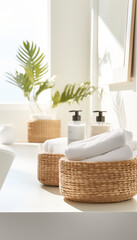two seagrass baskets filled with bathroom necessities