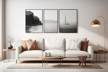 Interior home design of modern living room with leather sofa and wooden furniture and houseplants against white wall with art poster