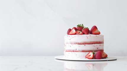 Delicious Layered Fresh Strawberry Cake, Torte Dessert with Fresh Berries, Vanilla Butter Cream On Glossy Marble Counter. White Background. Natural Light. Minimalist Photo. Minimal Modern Interior.  - obrazy, fototapety, plakaty