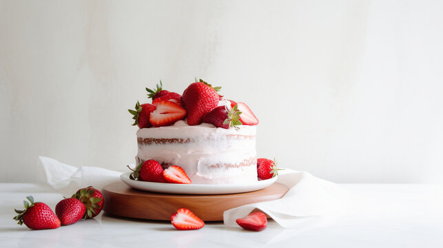 Delicious Layered Fresh Strawberry Cake, Torte Dessert with Fresh Berries On Counter, Vanilla Butter Cream Composition. Marble Background. Natural Lighting. Minimalist Photo. Minimal Modern Interior. 