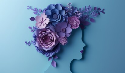 illustration of female head silhouette with flowers in paper cut style. International Women's Day Concept