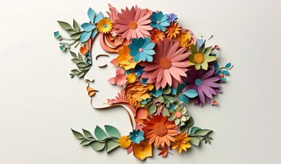 Paper cut of woman face with flowers and leaves. International Women's Day Concept