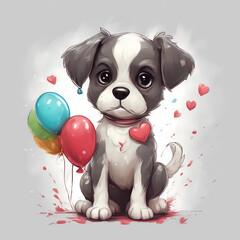 heart balloons for mother’s day, valentine’s day and mother’s day celebration, dog of valentine’s day, cute and adorable puppy, illustration of valentine’s day dogs, love illustration