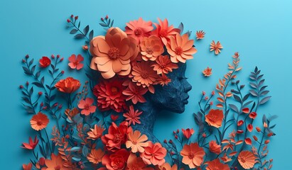 Fototapeta na wymiar Flowers made of paper on a blue background. International Women's Day Concept