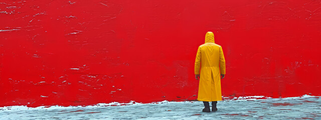 Person in Yellow Raincoat Standing in Front of Red Wall