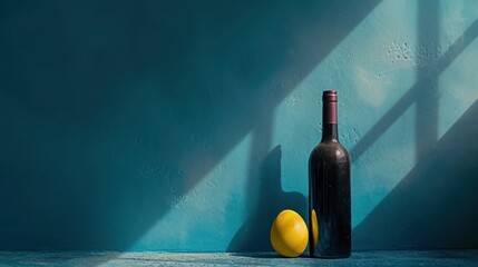 A single, refined wine bottle with a cork, close to an easter yellow egg, representing the elite collection from a wine cellar, set against a blue-hued texture