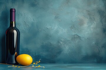 Minimalist yet striking product photography of a dark glass wine bottle with bright yellow easter egg, inviting a sense of luxury and taste with a monochromatic blue background - obrazy, fototapety, plakaty