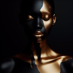 Woman with gold skin and black bodyart. 
