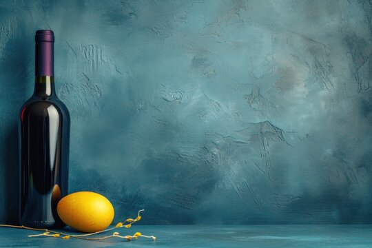 Minimalist yet striking product photography of a dark glass wine bottle with bright yellow easter egg, inviting a sense of luxury and taste with a monochromatic blue background