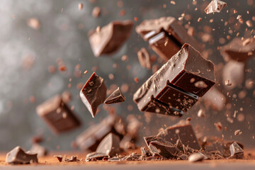 Realistic falling chocolate pieces isolated on transparent background. Levitating defocusing milk chocolate chunks.