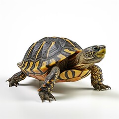 White isolated turtle walking in nature, showcasing its cute and slow-paced demeanor with a distinctive shell