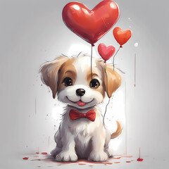 dog of valentine’s day, illustration of valentine’s day dogs, heart balloons for mother’s day, valentine’s day and mother’s day celebration, love illustration, cute and adorable puppy