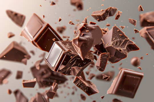 Realistic Falling Chocolate Pieces Isolated On Transparent Background. Levitating Defocusing Milk Chocolate Chunks.