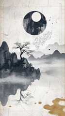 Chinese landscape minimalist design, inkcore, paper sculpture, mysterious core, a painting depicting black and white Yin and Yang symbols - generative ai